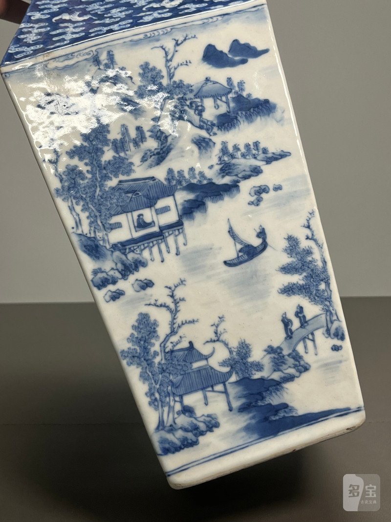 清中期  青花文人山水云蝠纹四方大尊 - 图7